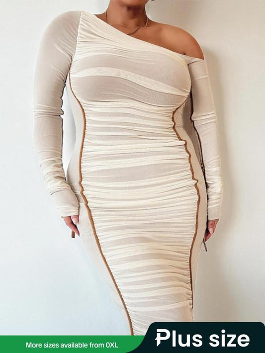 【Plus Size】 Colorblock Ruched Asymmetrical Neck Bodycon Dress, Elegant Long Sleeve Tulle Dress for Party Club Holiday, Dresses for Women, Women'S Clothes for Spring & Fall, Longsleeves Womenswear, Elegant Formal Dress